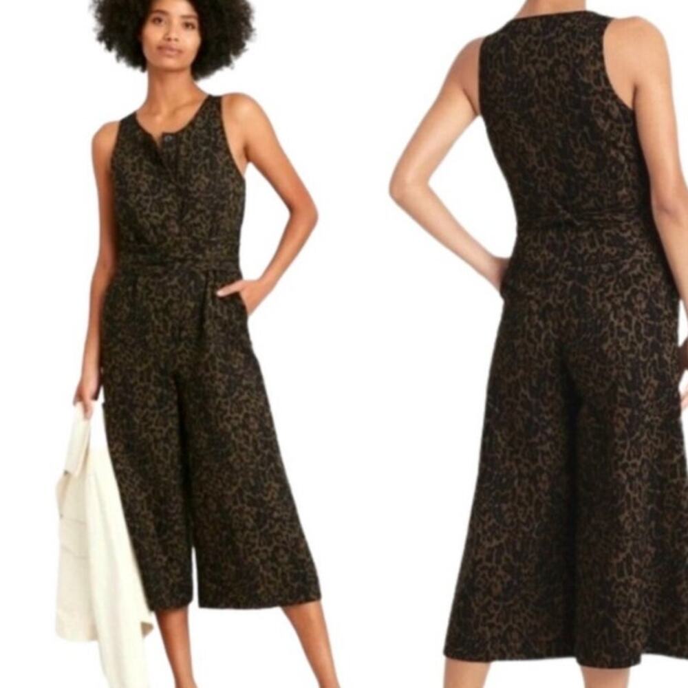 Banana Republic Womens Linen Blend Wide Leg Jumpsuit 6 Green Leopard Belted Tie
